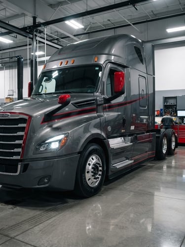 Low-angle dynamic 3/4 view of a pristine, latest-generation Freightliner Cascadia truck parked inside a bright, clean, modern service bay with polished concrete floors and professional red toolboxes.