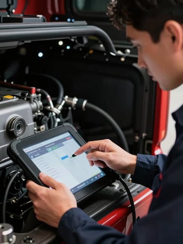 Tight macro shot of a clean-cut diesel technician using an advanced diagnostic tablet connected to a modern truck engine, high-contrast technical lighting