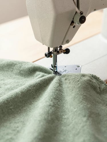 Macro photograph of clean industrial sewing machines stitching soft sage green plush fabric, natural daylight, warm neutral background.