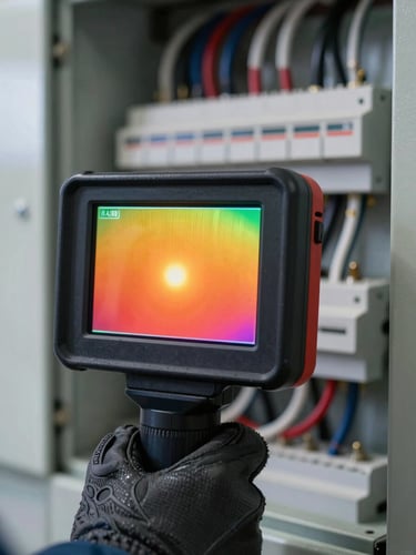 Extreme close-up of a thermal imager display screen held against an open low-voltage electrical panel, screen showing a vivid infrared false-colour gradient with a bright amber hot-spot at a cable termination, technician's gloved hand steadying the device, harsh on-site daylight from left, panel busbars and cable runs visible in background bokeh