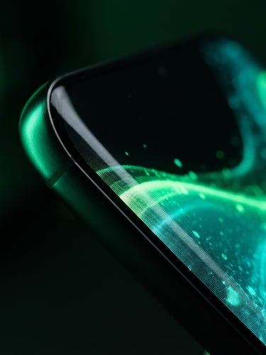 Sleek dark-mode tech photography of a modern Android smartphone screen displaying a fluid, glowing green and teal interface transition, dramatic neon green ambient studio light, deep shadows, sharp macro focus on the glass edge.