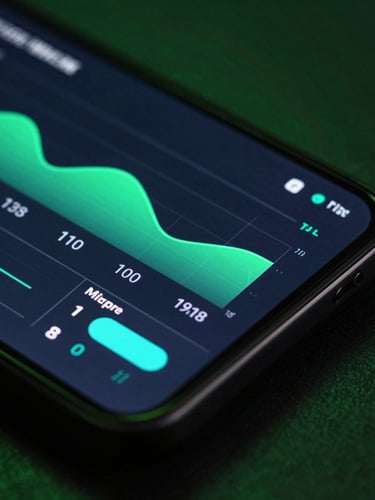 Macro shot of a modern Android device screen displaying performance profiling tools with green and teal graphs, deep shadows, studio light.