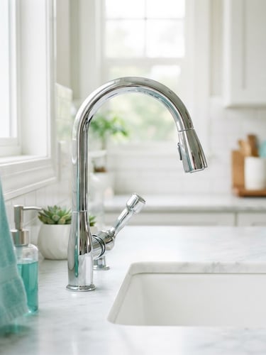Bright sunlit domestic kitchen interior, close-up of a gleaming chrome faucet, pristine marble countertop, high-key natural daylight, fresh turquoise tones, crisp focus