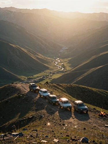 Cinematic 35mm film photo of an off-road overland convoy parked on a dramatic wind-swept mountain ridge in Kyrgyzstan, golden hour sun flare, deep shadows, vast empty landscape.
