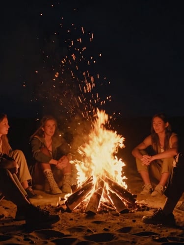 Silhouettes of friends sitting around a roaring campfire in the deep black desert night, sparks flying upward, warm orange glow on faces, cinematic 35mm film