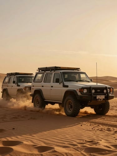 Cinematic 35mm anamorphic shot of a 4x4 overland convoy kicking up dust at dramatic golden hour in the UAE desert, rich warm tones