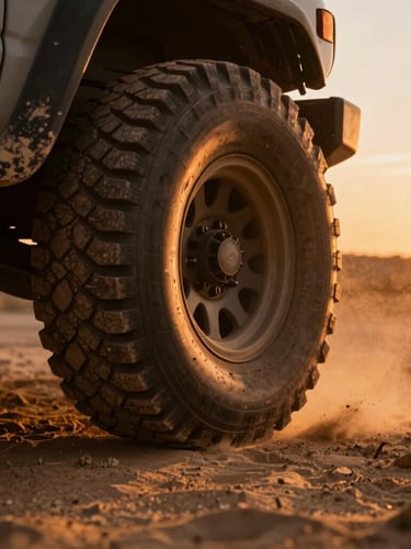 Low-angle close-up of a dusty 4x4 tire kicking up sand at golden hour, deep orange sunlight catching the dust particles, cinematic 35mm film style