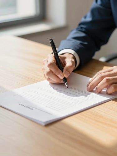 Close-up of hands signing a document on a solid wooden desk, warm daylight streaming through a window, professional editorial style, 35mm