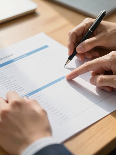 Close up of hands analyzing a clear printed financial report on a wooden desk, warm gold sunlight, professional corporate editorial style, 35mm