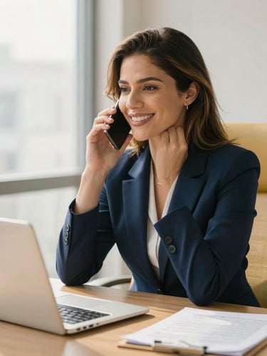 A professional Brazilian financial advisor sitting in a bright office, warm natural daylight, soft navy and gold tones, smiling, talking on a smartphone, clean desk with a laptop, 35mm
