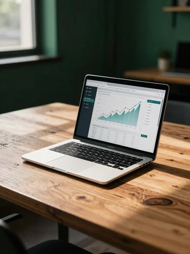 A clean e-commerce workspace with a laptop displaying a crisp digital dashboard showing upward sales trends, natural directional light with deep shadows, warm oak wood texture, shallow depth of field, 35mm