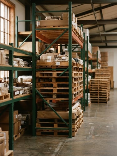 Medium environmental shot of organized warehouse shelves with stacked pallets under natural window light, deep forest green accents, 35mm