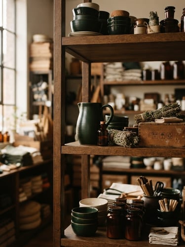 Warm editorial photography of organized warehouse shelves with natural window light, rich deep forest green tones, shallow depth of field, 35mm