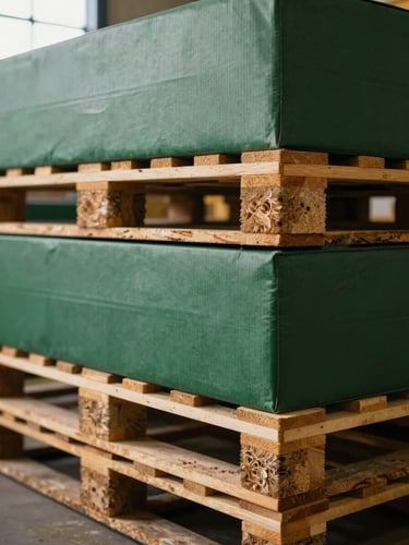 Close-up shot of wooden pallets loaded with cardboard boxes inside a warehouse, warm natural light, shallow depth of field