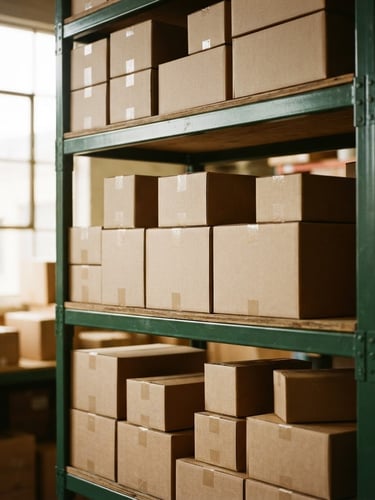 Medium-to-close environmental shot of organized warehouse shelves with high-quality cardboard packaging under natural window light, 35mm