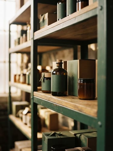 Close-up environmental shot of an organized warehouse shelf with high-quality product packaging, warm natural window light, rich deep forest green and oak tones, shallow depth of field, 35mm