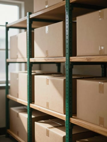 Medium environmental shot of organized warehouse shelves with clean cardboard packaging under natural window light, 35mm shallow depth of field