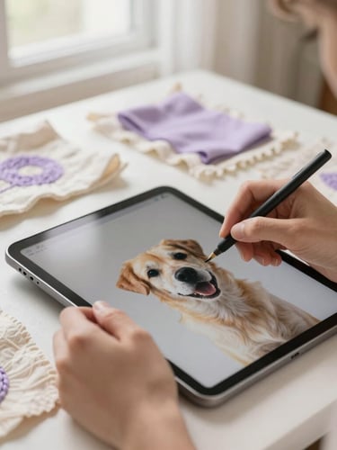 Hands working on a digital tablet, tracing a pet photo, with embroidery threads and fabric swatches in the background, soft morning window light, cozy cream and lavender tones