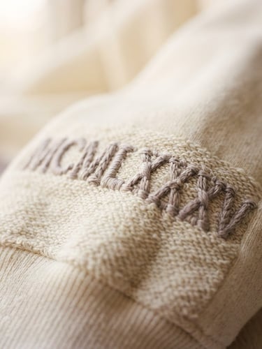 Macro detail shot of thick, high-density embroidered Roman numeral dates on a heavy cream cotton hoodie sleeve, soft morning window light, shallow depth of field