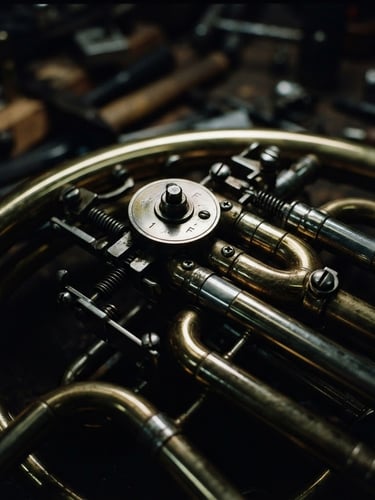 Extreme macro shot of a polished brass French horn valve under cool focused task lighting, deep shadows, dark moody workshop photography, 35mm film.