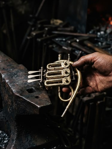 Extreme macro shot of a hand holding a polished brass French horn valve next to dark, soot-stained anvil, dramatic chiaroscuro workshop lighting, 35mm film