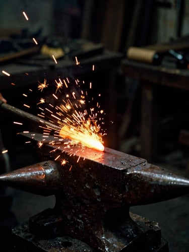 A glowing hot iron bar struck on an anvil, sparks flying in deep shadows, dramatic workshop firelight, 35mm film