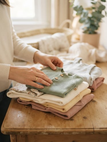 Soft editorial close-up of hands organizing baby clothes on a warm beige wooden table, natural morning daylight, gentle pastel tones, shallow depth of field