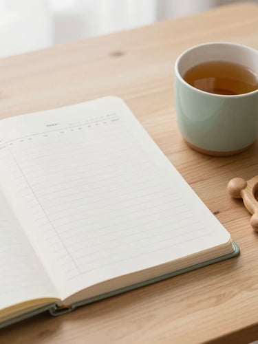 A wooden table with a neatly printed budget planner, a ceramic mug of tea, and a small wooden baby rattle, soft natural daylight, minimalist and peaceful composition.