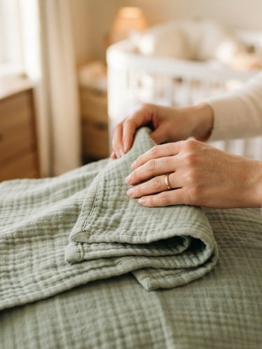 Close-up of a mother's hands gently folding a soft sage green cotton baby blanket, warm morning daylight diffusing through a nearby window, shallow depth of field, soft editorial photography.