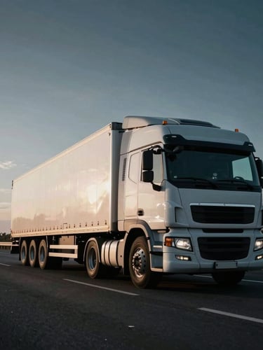 Low-angle heroic shot of a clean modern semi-truck on a wide-open highway under dramatic early morning light, high-contrast cool tones, 35mm