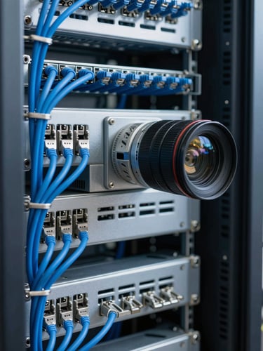 Crisp technical close-up of a neatly organized server rack with blue Ethernet cables, structured cable management, industrial utility lighting, 35mm lens