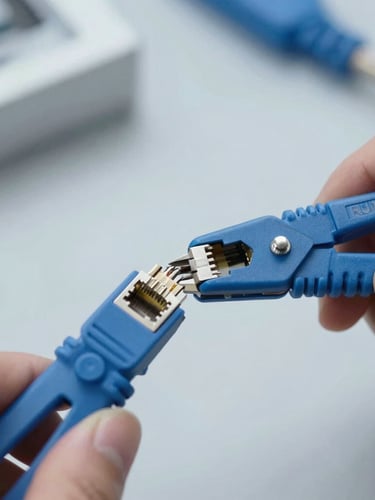 Close-up of hands crimping a blue RJ45 network connector with professional tools, sharp focus, cool industrial lighting