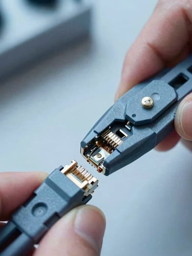 Macro close-up of technician hands crimping an RJ45 connector, high-contrast cool daylight, sharp focus on hardware, industrial blue and gray tones, 35mm lens