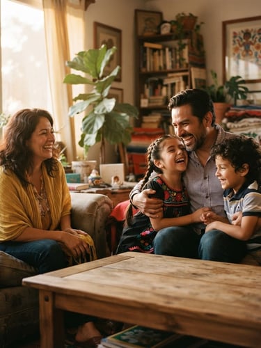 Wide editorial shot of a Mexican family (parents and two children) laughing together in a warmly lit living room, soft natural golden-hour window light, shallow depth of field, authentic, 35mm. The father and children are on the right, the mother on the left.