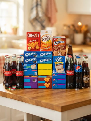 Bright straight-on product shot of authentic American snack boxes and classic sodas stacked neatly on a clean wooden counter under warm morning daylight.