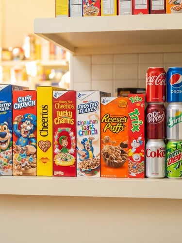 Straight-on eye-level shot of colorful, authentic American cereal boxes and soda cans stacked neatly on a bright cream shelf, warm morning sunlight, vibrant saturated colors, crisp focus, 35mm lens