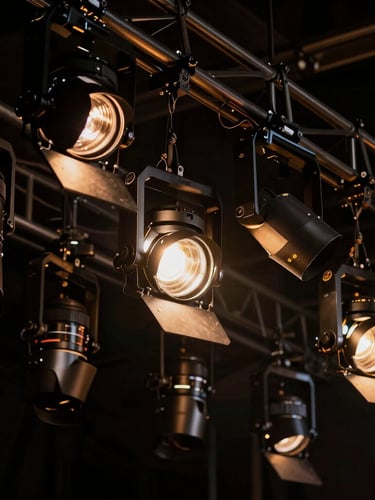 Close-up of industrial stage rigging and high-end lighting fixtures, sharp focus, low-key dramatic backlighting with amber highlights, 35mm lens