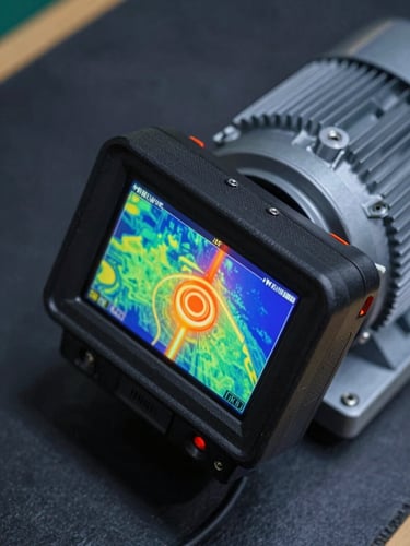 Overhead close-up of a thermal imaging camera aimed at an industrial motor housing, the camera's LCD screen visible showing a false-color thermal map with an orange-red hot spot at the bearing point, cool studio strobe lighting on the instrument, dark slate work surface beneath