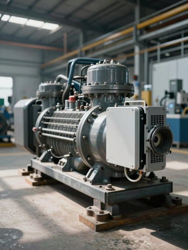 Wide environmental shot of a heavy industrial compressor unit at rest on a production floor, a compact IoT sensor module clamped to the pipe flange in sharp foreground focus, facility depth blurred behind, cool tungsten overhead lighting casting hard shadows on the metal surface, no people present