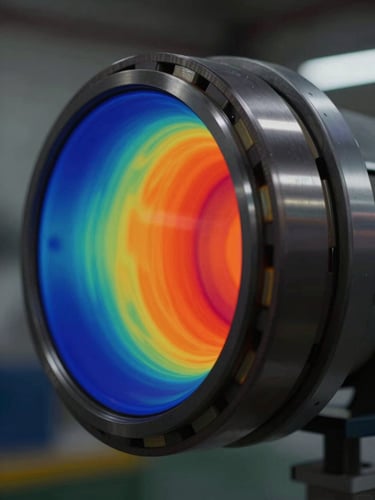 Extreme close-up of a thermal imaging camera display showing a vivid false-color heat map of a rotating industrial bearing housing, temperature gradient from deep blue to intense orange-red at the anomaly point, captured under controlled factory floor lighting with dark background, no people in frame