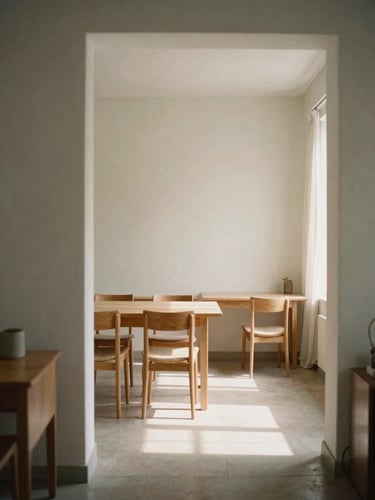 Warm editorial photography of a quiet, orderly room filled with soft morning light, clean architectural lines, minimalist wooden furniture, 35mm film aesthetic.