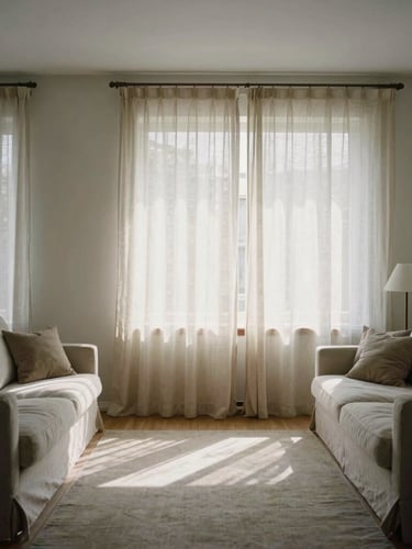 Wide architectural shot of a quiet, orderly living room filled with soft morning light, clean lines, linen curtains, and a sense of profound calm, 35mm editorial photography.