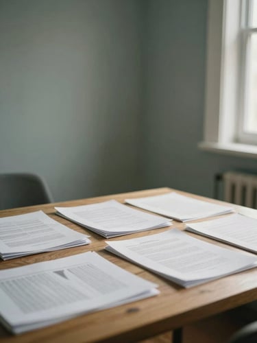 Soft diffused morning light illuminating a quiet, orderly room with a wooden desk and organized documents, architectural framing, 35mm