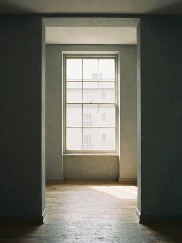 Muted slate and linen tones, a wide architectural view of a quiet, orderly interior with soft natural morning light streaming through a window, 35mm photography.