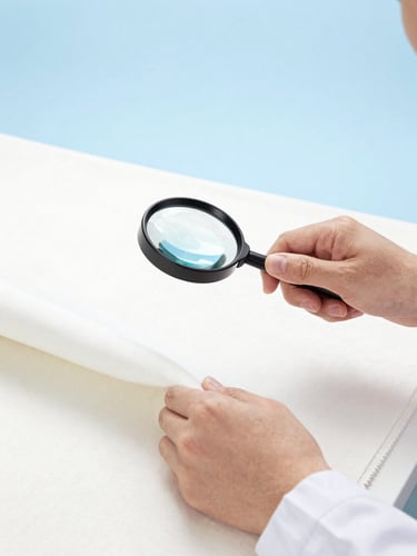 A quality control inspector examining a textile sample under bright studio lighting, clean hands, magnifying glass, professional setting