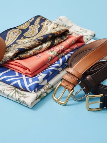Bright high-key studio photograph of folded silk scarves and leather belts arranged neatly on a sky blue surface, crisp daylight, macro details