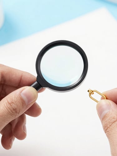 Macro studio photograph of a jewelry inspector checking a gold clasp with magnifying tools, bright high-key lighting, sky blue accents.