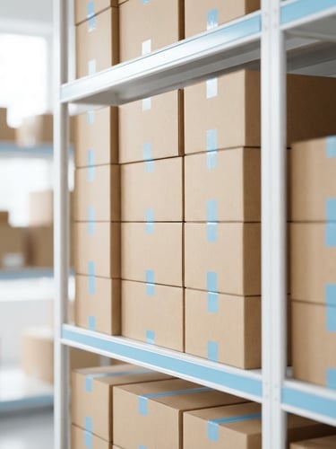 Bright high-key portrait of neatly packed shipping boxes on a clean warehouse shelf, crisp daylight, sky blue accents, 50mm lens
