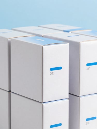 Neatly packed boxes undergoing quality control inspection in a bright, clean logistics facility, crisp daylight, sky blue accents, 50mm lens