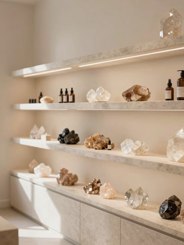 An architectural wide shot of a high-end Madison Avenue wellness boutique interior, minimalist stone shelves displaying raw crystals, warm gallery spotlighting, soft natural light, shallow depth of field.